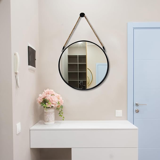 POZINO 20" Round Mirror with Black Metal Frame, Hanging Mirror for Wall | Circle HD Mirror with Jute Rope, Anti-Rust, Farmhouse Decorative Wall Mirror for Entryway, Living Room, Fireplace, Bathroom