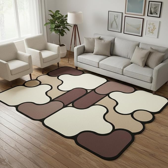Unique Splicing Geometric Pattern Funky Shaped Rug 8x10 Modern Abstract Beige Brown Khaki Faux Wool Thin Comfort Durable Rugs for Bedroom Diningroom Dorm Farmhouse Living Room Art Decor Mats