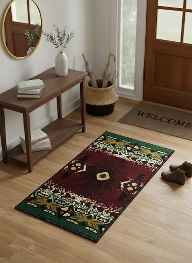YHSF South West Native American Area Rug C318 - Easy Clean, Thick, Soft, Durable Native Tribal American Indian Inspired Rug for Bedroom/Living Room and More - Burgundy, 16 Inches x 28 Inches