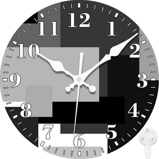 Wall Clock, Abstract Black Gray Geometric Silent Non Ticking Battery Operated Round Decorative Indoor Outdoor Clocks for Living Room Kitchen Bedroom Bathroom Patio 12"