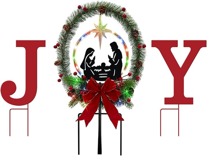 3Pack Solar Lights Christmas Joy Sign,Metal Nativity Scene Outdoor,Silhouette Nativity Set Decoration Outside for Yard Stake