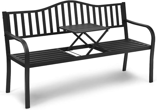Giantex Outdoor Bench with Pullout Middle Table, 500Lbs Capacity, Outside Loveseat Chair, 2-3 Person Patio Seating, Metal Garden Benches for Front Porch Pool Deck Outside (Black)
