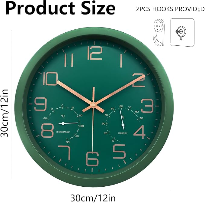 12 Inch Silent Non-Ticking Wall Clock with Temperature and Humidity, Battery Operated Modern Analog Clock with Large Numbers for Bedroom Living Room Office Kitchen Farmhouse Outdoor, Green