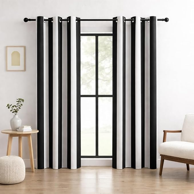 Black and White Vertical Stripe Blackout Curtains, Modern Minimalist Striped Drapes, 100% Light Blocking, Thermal Insulated & Noise Reducing Curtains, Grommet Top 42 x 84 Inches, 2 Panels