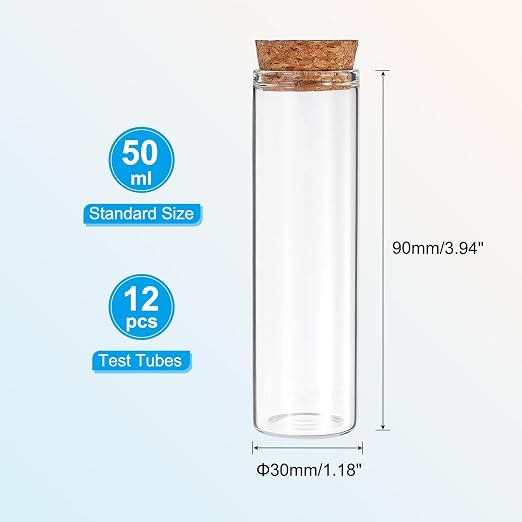 PATIKIL 50ml Test Tubes, 12pcs 3.94x1.18 Glass Clear Flat Bottom Test Tube Containers with Cork Stopper for Bead Party Candy Bath Salt Storage Scientific Experiment Plant Propagation