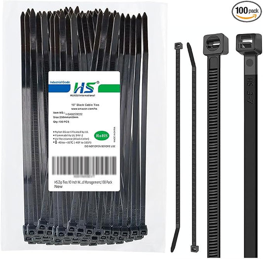 HS 10 Inch Zip Ties Black 50 Pounds Tensile Strength Strong Wide Straps (100 Pack) Nylon PA66 UV Resistant,Self-Locking Medium Electrical Plastic Cable Wire Zipties for Outdoor Use,Multi Purpose