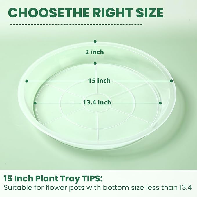 15 16 17 18 19 20 21 22 Inch Clear Plastic Plant Saucers for Indoors, Durable Plant Trays for Pots and Plant Water Catcher Tray with No Holes, Reusable Plastic Trays for Plants (15''-5Pack)