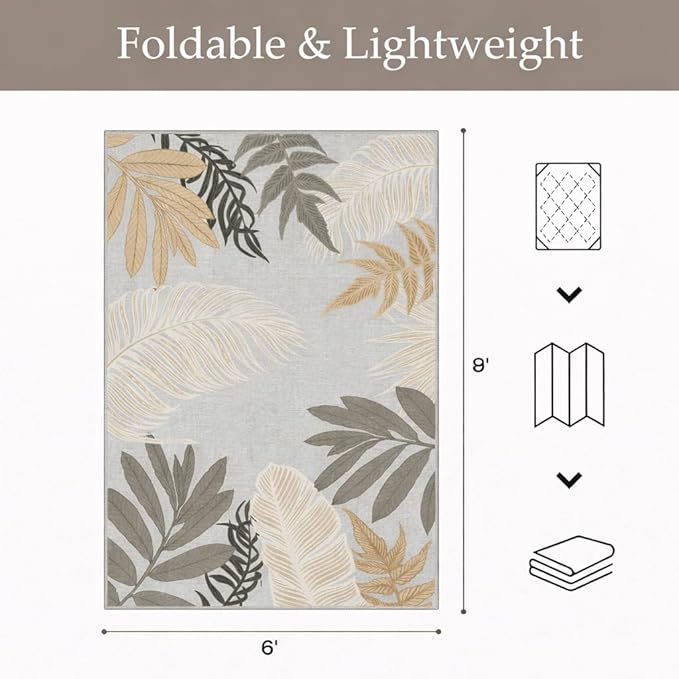 GENIMO Outdoor & Indoor Area Rug 6'x9', Waterproof, Non-Shedding, Easy Cleaning, Leaf Mat for Patio, Living Room, Balcony, Dining Room, RV, Deck, Bedroom, Camping, Outside Carpet, Sand Grey