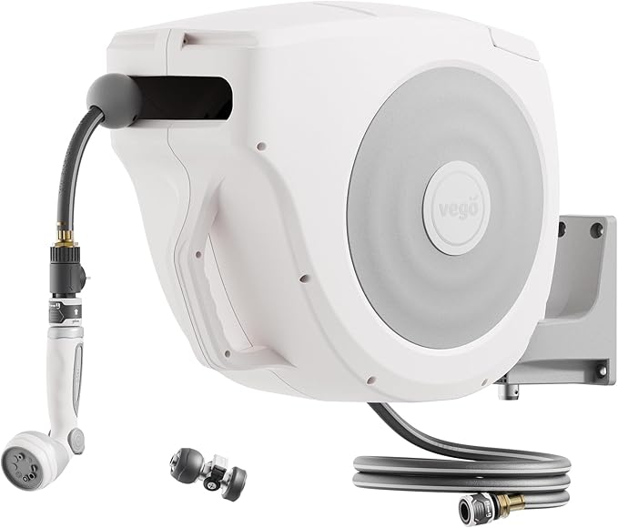 Vego Garden Hose Reel Retractable Hi-Flow Wall Mounted Hose Reel Automatic Rewind, Any Length Lock with 9 Patterns Sprayer Nozzle, Quick Connector and Adjustable shot Nozzle (Cloud White, 100ft)