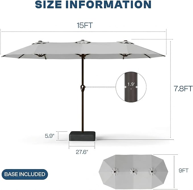15FT Large Patio Umbrella with Base Included, Double Sided Outdoor Market Umbrella with Flexible Fiberglass Ribs, UV-Blocking Extra Large Umbrella for Garden, Pool, Deck, Light Gray