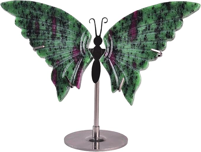 JIC Gem Natural Ruby Zoisite Quartz Crystals Butterfly Figurine Decorative Rocks Stones Healing Crystal Carved Angel Wings with Display Decor Reiki Gifts (1pair, 10cm)