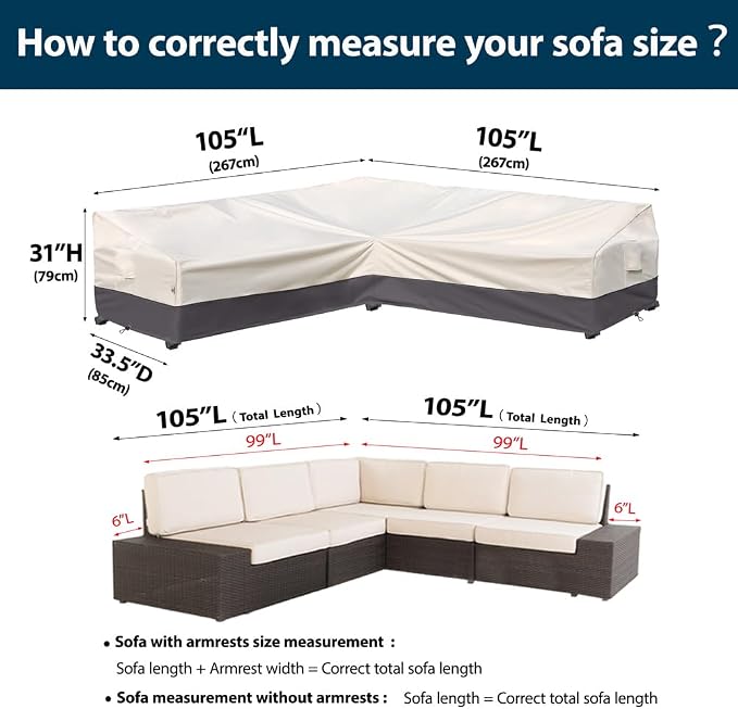 Outdoor Sectional Cover L Shaped Patio Furniture Covers Waterproof Rip-Stop Anti-UV 600D Heavy Duty Couch Sofa Cover with 3 Air Vent (Beige & Charcoal, V-Shaped-105''X105'')