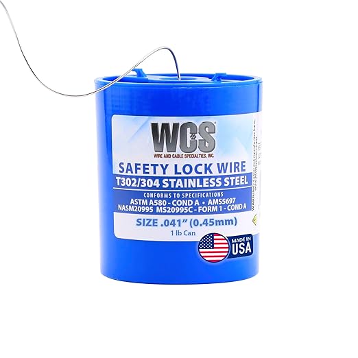 WCS .041 Stainless Steel Safety Lock Wire, T302/304, NASM20995C MS20995C, ASTM A580 Condition A, AMS569, Mechanics Wire for Aircraft, Automotive, & Industrial Use, 1lb Dispenser Can, Approx 221 ft