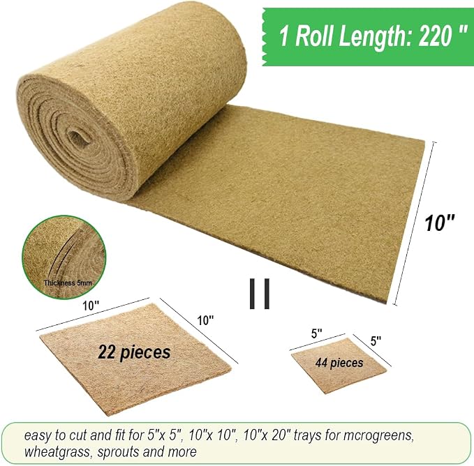 1 Roll 10" x 220" Microgreens Growing Trays Jute Mat Kits, Hydroponic Planting Mat & Seed Germination Pad for Wheatgrass, Bean Sprouts, Hydroponic Seed Growing | Works with Growing Trays