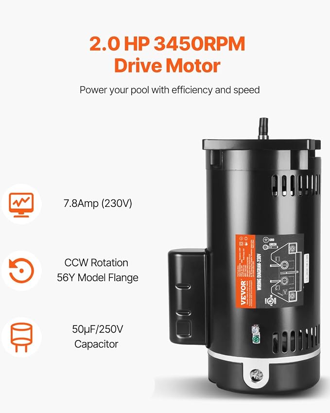 VEVOR 2 HP Pool Pump Motor, 3450 RPM High Speed, 230V (7.8 Amps), 50μF/250V Capacitor, 1.3 SF, CCW Rotation, 56Y Square Flange Replacement Motor for Swimming Pools, Spa Centers