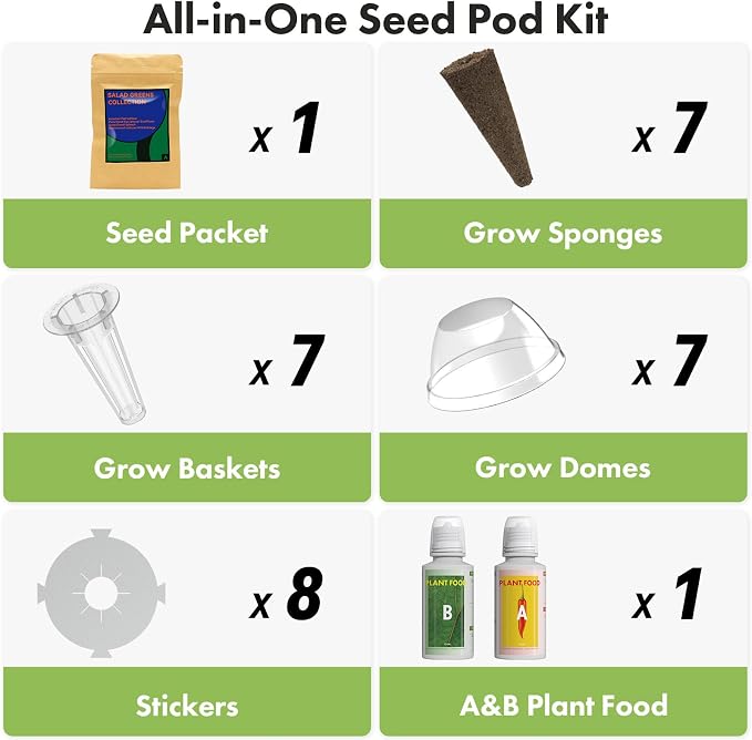 Lyko Heirloom Salad Greens Seed Pod Kit for AeroGarden, iDoo, Ahopegarden, GARDENCUBE, 7 Pods with American Fast/Paris Island/Buttercrunch Lettuce, Spinach, Swiss Chard, Cauliflower, Wild Cabbage