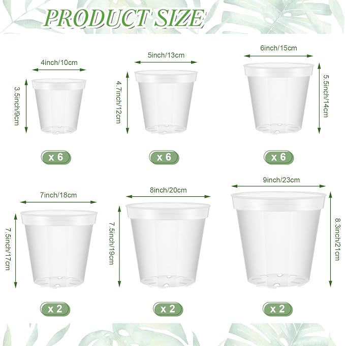 Vesici 24 Pcs 4/5/6/7/8/9 Inch Large Thickened Clear Nursery Pots Variety Pack Plant Pots with Drainage Holes Planters for Indoor Plants Flexible Transparent Plastic Plant Bottle Succulents
