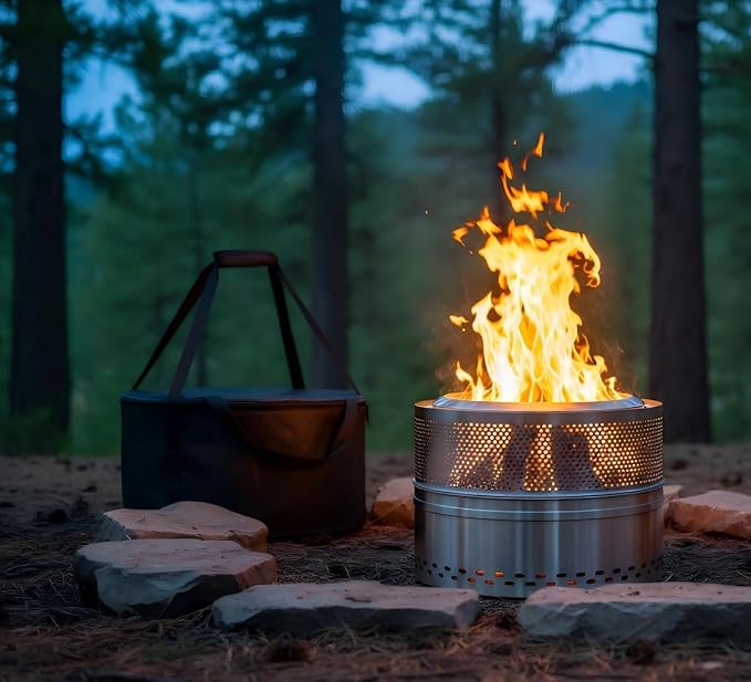 Smokeless Fire Pits for Outside, 20''Portable FirePits for Camping, Outdoor Stainless Steel FirePit with Carry Bag, Wood Burning Stove，Sliver