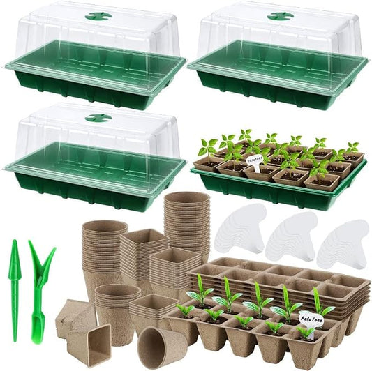Hahood 4 Pack Seed Starter Tray Set Plants Growing Trays Peat Pots for Seedlings with Seed Starter Pots, Plastic Germination Tray, Plant Labels, Tool for Flower Vegetable Planting, Green