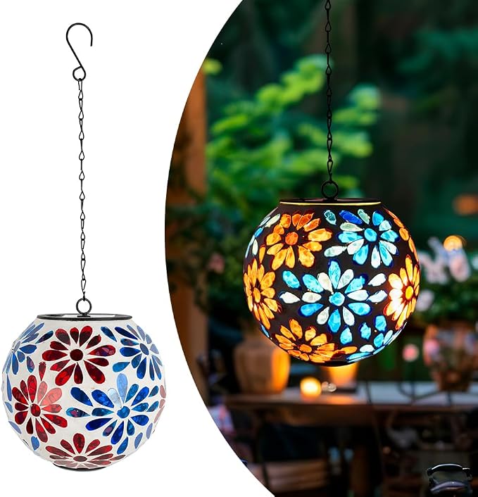 Solar Hanging Lanterns Glass Mosaic Gazing Ball Globe Blue Red Hanging Lantern Lights Outdoor Waterproof for Garden Yard Patio Home Decor (Flowers)
