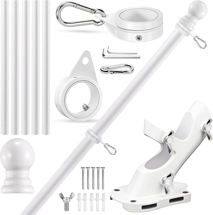 REERON Flag Pole Kit for House, 6 FT Stainless Steel Spinning Flag Pole, 1" Rustproof Porch Flagpole with 360° Tangle Free Metal Flagpole Rings & 2-Position Bracket for Outdoor Sport for 3x5 Flags