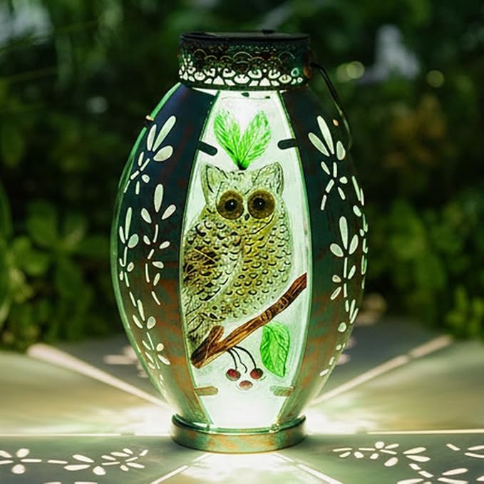 Starsoul Owl Outdoor Solar Lantern Waterproof Metal & Stained Glass Owl Lamp Lights for Yard Patio Garden Tabletop Pathway Decor Gifts for Woman