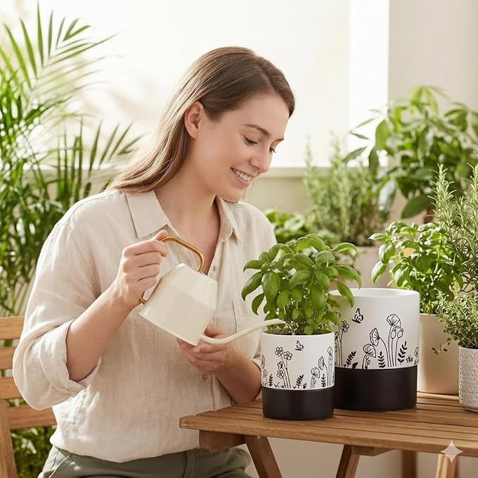 Nihow Self Watering Pots for Indoor Plants,4.5+6 Inch,White Hand Painting | Ceramic Planter, Drainage Hole & Water Storage Plus, Cylinder Round Flower Pot, For Succulent/Herbs/Violets