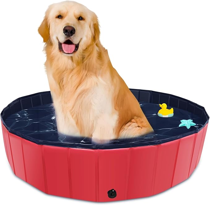 CACSPS Foldable Dog Pool, 39" x 12" Kiddie Pool with Hard Plastic, Non-Slip Dog Bath Tub for Outdoor Backyard, Collapsible Dog Swimming Pool for Kids Dogs Pets (Red)