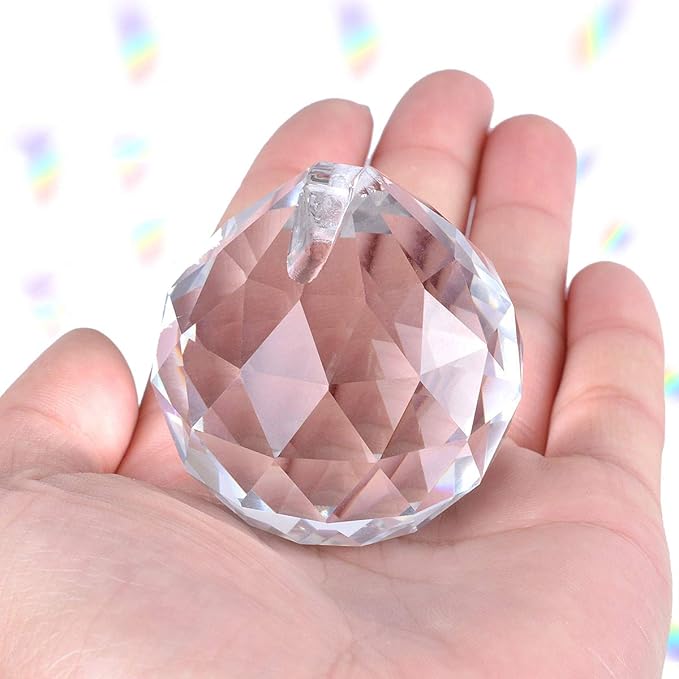 2 Pieces 50mm Clear Cut Crystal Prisms,Hanging Rainbow Pendants Glass Sphere Faceted Gazing Ball for Home Décor with Cloth Bag and Chain