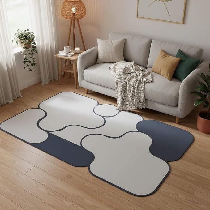 Faux Wool Thin Light Blue Grey Ombre Geometric Pattern Odd Shaped Area Rug 10x12 Non Slip Quick Dry Washable Bedroom Deco Rugs for Living Room Dining Room Home Office Dorm Playroom Floor Mats