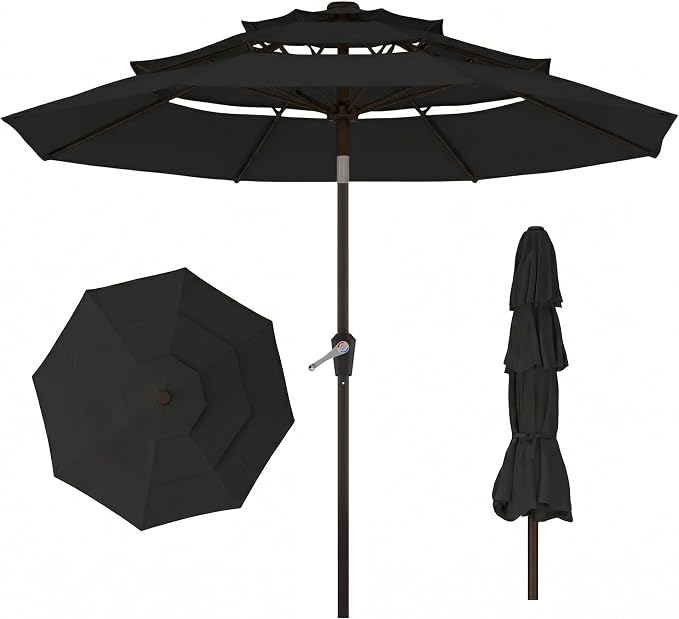 10ft 3 Tier Patio Umbrella, Outdoor Market Table Umbrella with UPF 50+ Vented Canopy, 8 Sturdy Ribs, Easy Push Button Tilt and Crank, Windproof for Deck, Pool, Backyard and Garden