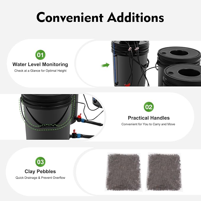 DWC Hydroponics Grow System 5.28 Gallon Deep Water Culture Kit with 12W 110V Air Pump, Five 12inch Buckets & Air Stones for Indoor Gardening Vegetables Herbs (5 Buckets+5.28Gal)