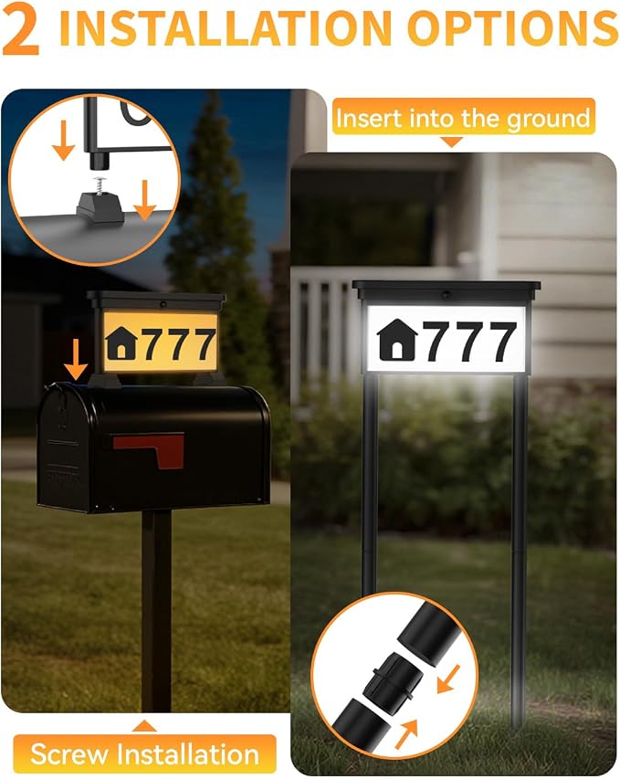 LumiZen New Upgraded Solar Address Sign,Double Sided Glow House Numbers with Auto On/Off, 3-Color Lighting Modes Mailbox Number Plaque Waterproof, Dual Stakes for Home Yard Driveway