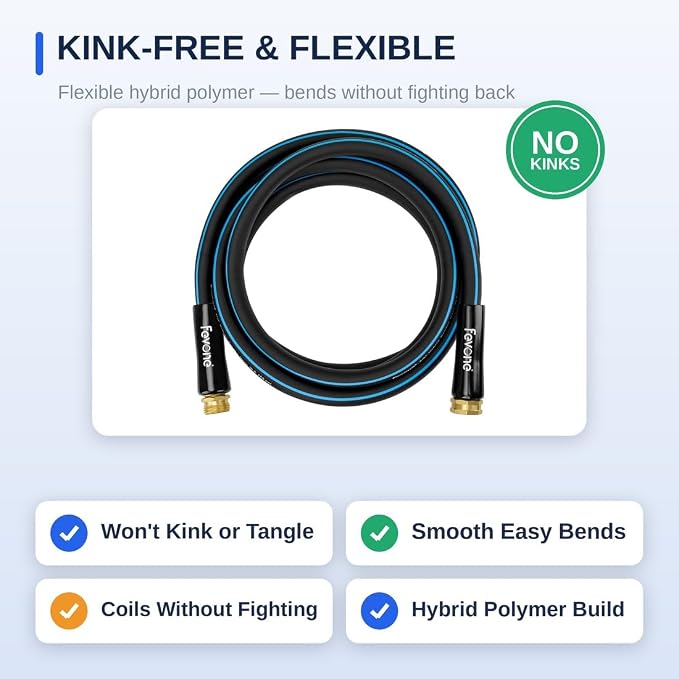 FEVONE Kink Free Garden Hose 12 ft, Heavy Duty Water Hose | Flexible Lightweight, Hybrid Polymer, 5/8 ID, 600 PSI, Leak-Proof, Solid Brass 3/4 GHT Connectors