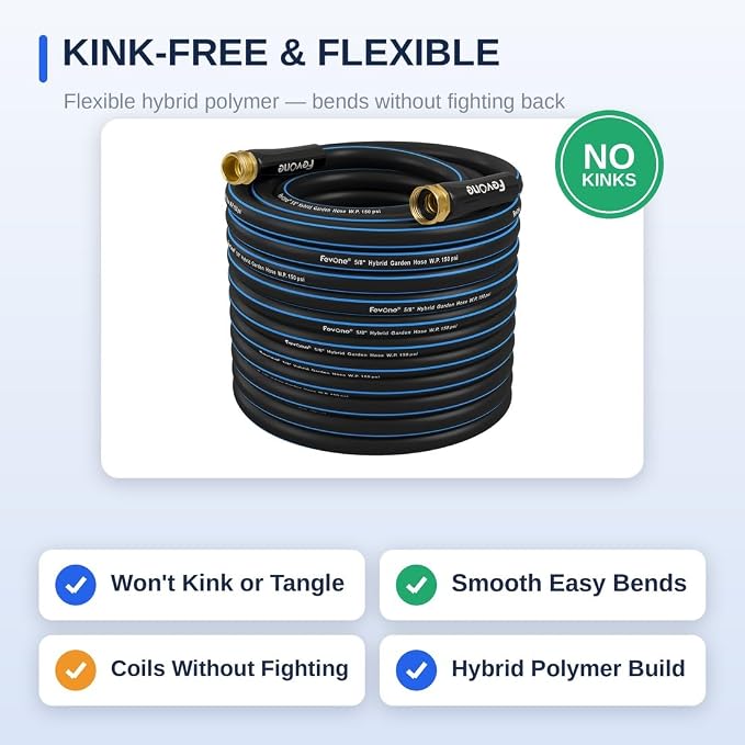 FEVONE Kink Free Garden hose 100 ft, Heavy Duty Water Hose | Flexible Lightweight Hybrid Polymer, 5/8 ID, 600 PSI, Leak-Free, Solid Brass 3/4 GHT Connectors for Lawn, Garden Watering