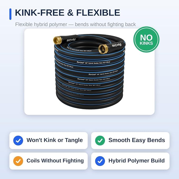 FEVONE Kink Free Garden Hose 75 ft, Heavy Duty Water Hose | Flexible Lightweight, Hybrid Polymer, 5/8 ID, 600 PSI, Leak-Proof, Solid Brass 3/4 GHT Fittings for Garden Watering