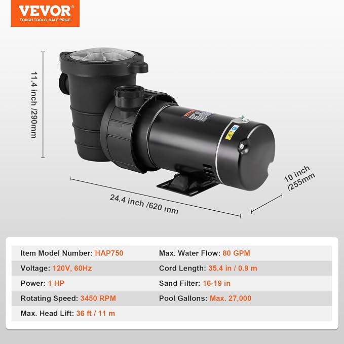 VEVOR Above Ground Pool Pump, 1HP, 80 GPM Max. Flow Single Speed Swimming Pool Pump, 120V 3450 RPM 36 ft Max. Head Lift Pool Pump with Filter Basket, for Above Ground Pools Hot Tubs Spas