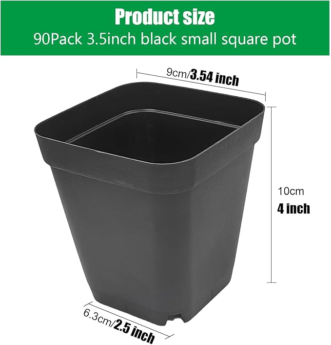 RooTrimmer Square Nursery Pots 3.54Inches 90 Pcs Seedling Flower Post Plastic Thick Seed Start Germination for Plant Propagation,Sturdy Suit for 1020 Trays(Black,3.54Inches,90Pcs)