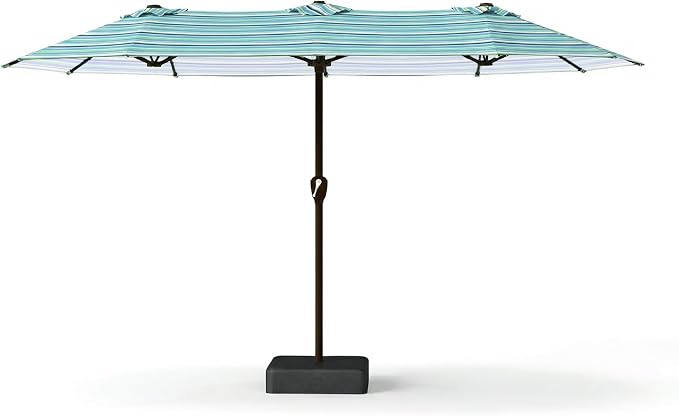 15FT Large Patio Umbrella with Base Included, Double Sided Outdoor Market Umbrella with Flexible Fiberglass Ribs, UV-Blocking Extra Large Umbrella for Garden, Pool, Deck, Green Stripes