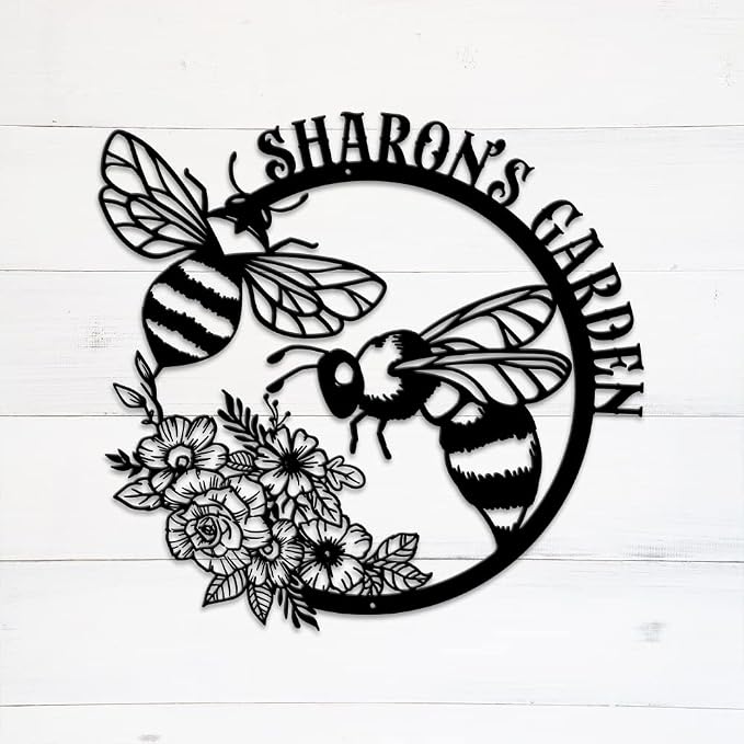 MeMate Bee Garden Sign, Metal Garden Signs to Personalize, Personalized Metal Signs, 8" - 24" Large Sign for Vegetable Garden Flowers She Shed Mom Grandma, Customized Name Wall Art for Outdoor Décor