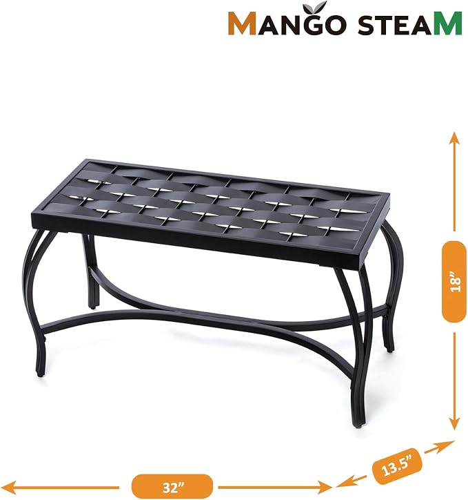 Mango Steam Free Standing Patio Garden Weave Bench, Metal Charcoal Black