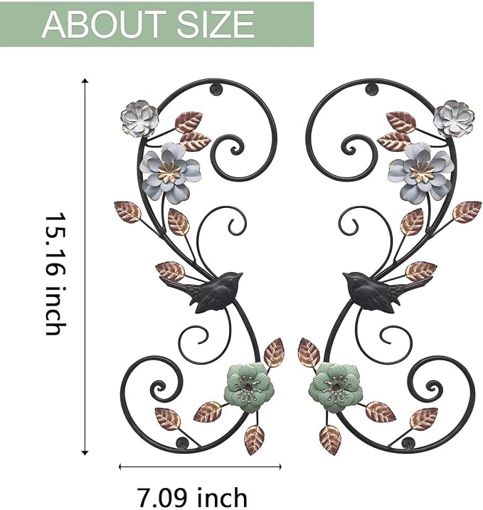 Birminwind 3D Metal Flower Wall Art: 2pcs Vintage Floral Wall Décor with Leaves Bird for Room - 15.16" Black and Gold Iron Decoration Indoor Outdoor