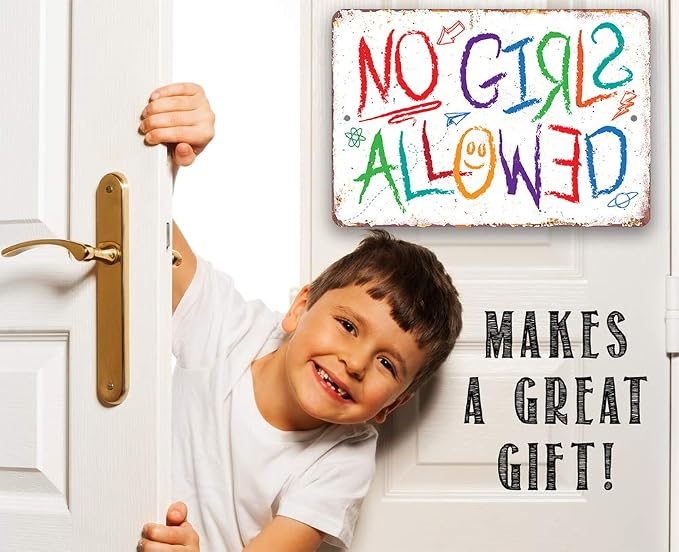 No Girls Allowed Sign - Great Playhouse and Treehouse Accessories, Tree House Decoration and Boys Bedroom Door Crayon Print Display, 12x18 Use Indoors or Outdoors Durable Metal Sign