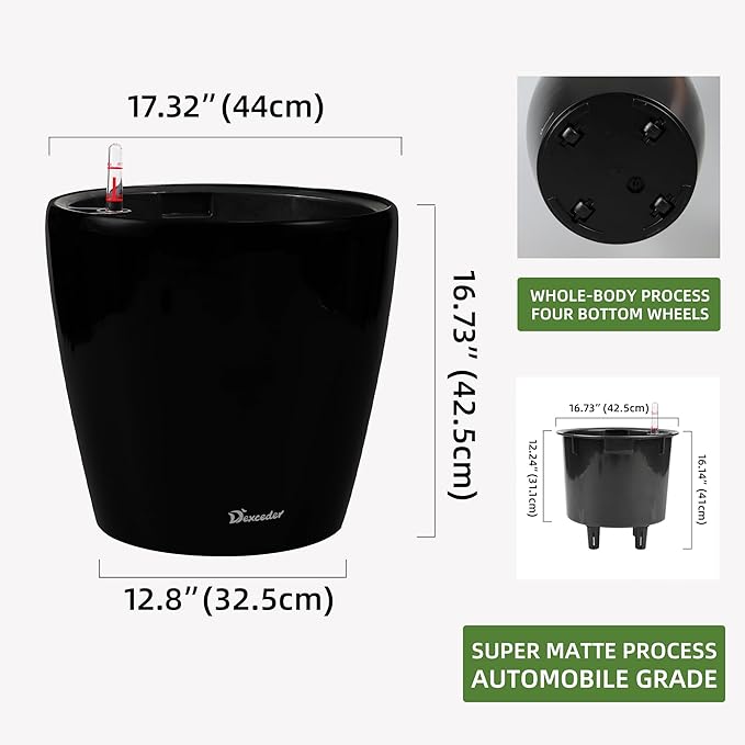 Dexceder 18x17 Self Watering Planter with Wheels (Black Matte) | Inner Pot Design, Thickened Large Floor Standing Flower Plant Pot with Water Level Indicator Indoor Outdoor