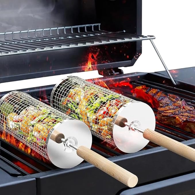Rolling Grill Basket; 2 PCS; Stainless Steel; Nesting BBQ Tools; Grill Basket for Vegetables, Shrimp, Fish & Meat – Rotating BBQ for Outdoor Cooking and Grilling Accessories