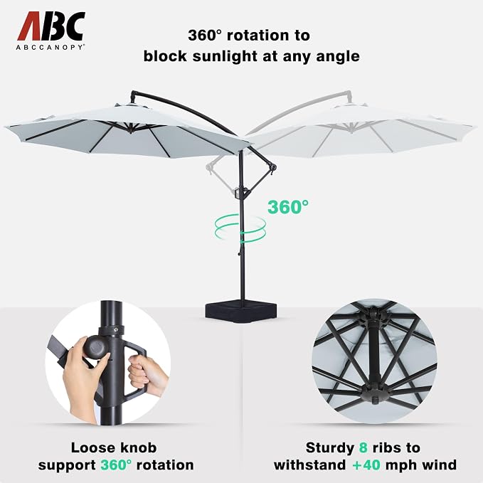 ABCCANOPY 10FT Cantilever Patio Umbrella with base included, 360° Rotation Outdoor Offset Umbrella Bonus Fix Frame & Weights Bag for Backyard, Deck, Poolside (Gray)
