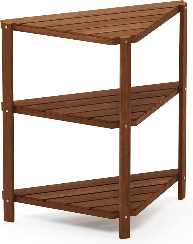 Furinno TIOMAN Plant Stand Outdoor, 3-Tier Corner Plant Shelf, Tiered Plant Stand Indoor, Outdoor, Patio, Garden, Balcony, Light Wood