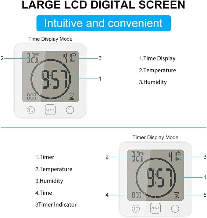 Digital Bathroom Shower Wall Clock Timer, LCD Digital Wall Clock with Suction Waterproof Temperature Humidity Gauge, Touch Screen Timer, Large Countdown Visual Timers Hanging Wall Clock (White)