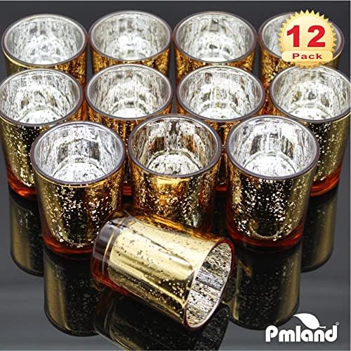 PMLAND Speckled Mercury Glass Votive Candle Tealight Holders - Bulk Pack of 12 Gold - Image 4