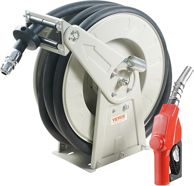 VEVOR Diesel Fuel Hose Reel 3/4" x 50', Retractable Hose Reel Extra Long, Heavy-Duty Carbon Steel Construction with Automatic Fuel Nozzle, NBR Rubber Hose for Vehicle Ship Aircraft Tank Truck, 300PSI